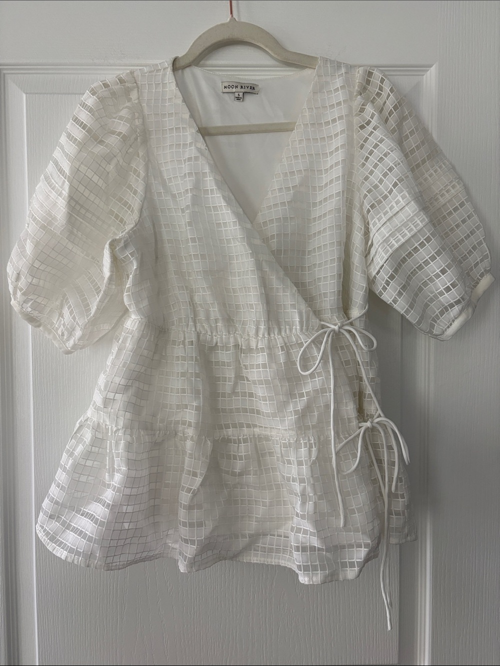 Moon River White Sheer Grid Wrap Peplum Top